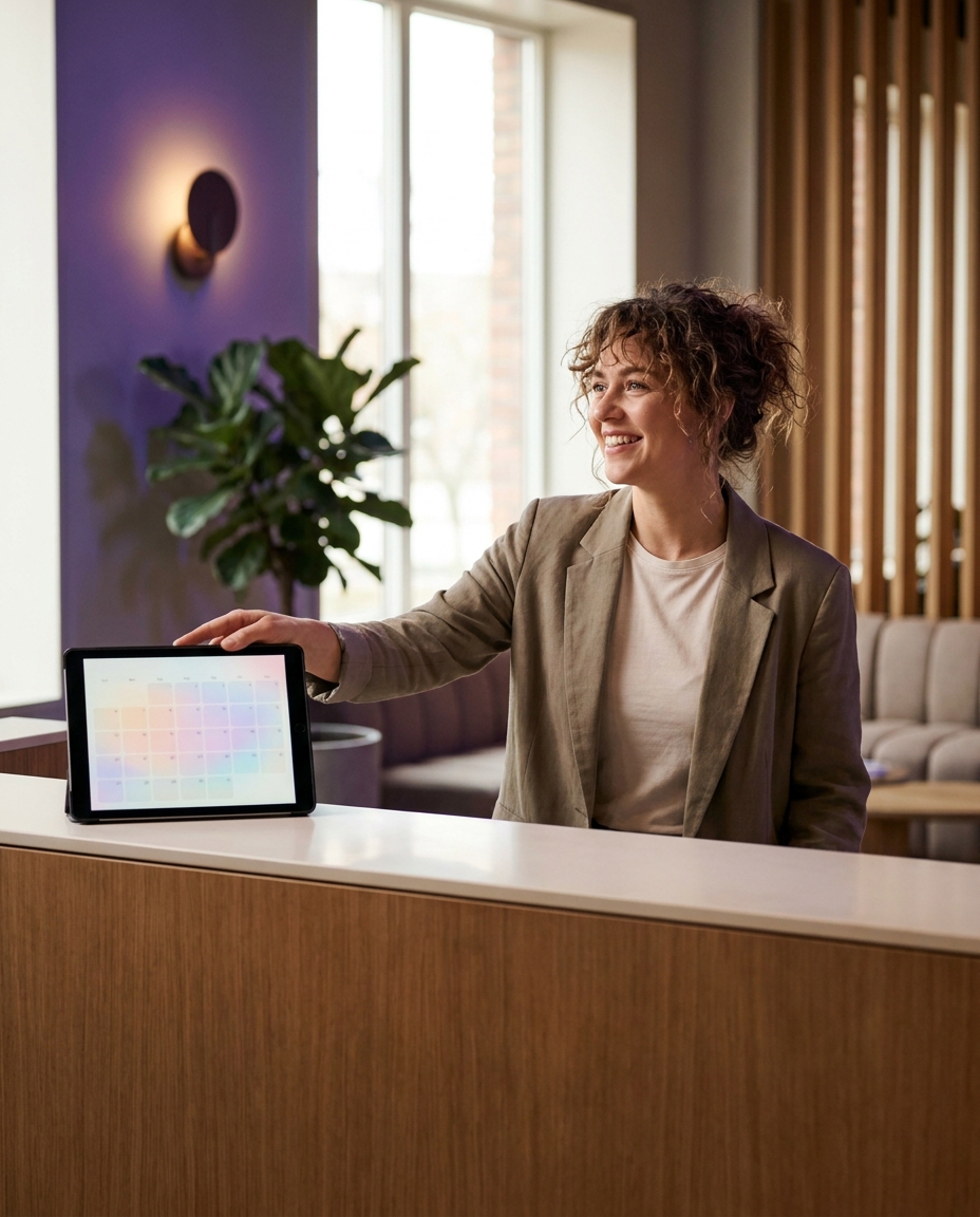 AI Automation A receptionist at a modern front desk with a tablet calendar