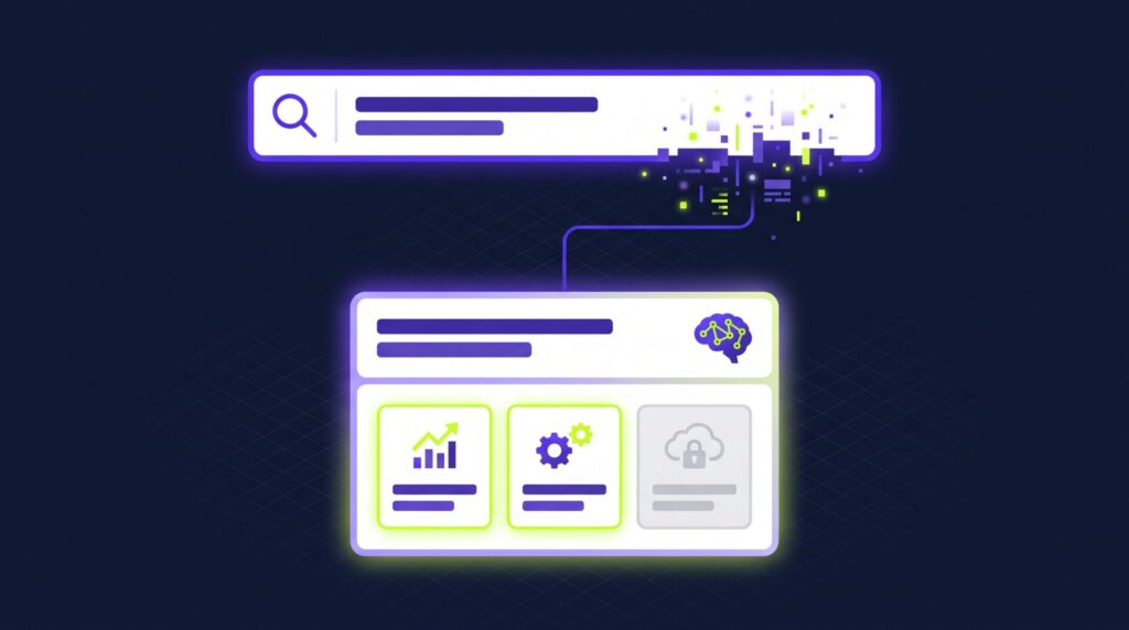 Why your business doesn't show up when customers ask ChatGPT Illustration of a web search dissolving into a single AI answer that names a few businesses, with one left unnamed.