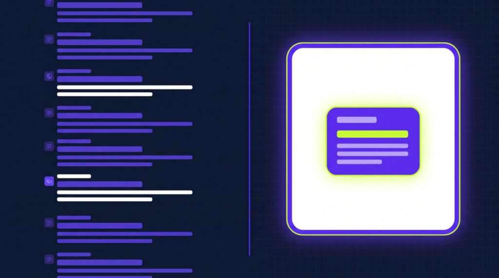 Split illustration contrasting a list of blue search links with a single AI answer that names one business.