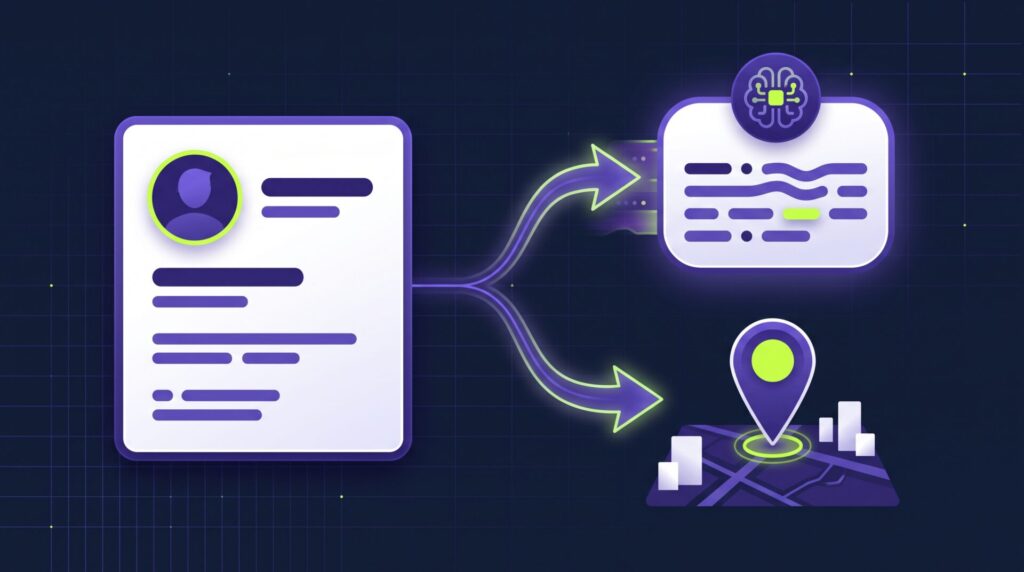Illustration of a Google Business Profile feeding both an AI answer and a map pin.