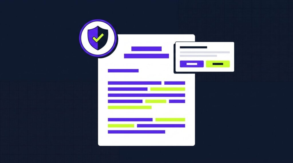 Free privacy policy and terms generators for small business websites Illustration of a legal document with a shield badge and a cookie consent dialog.