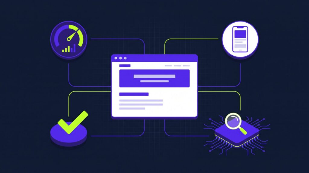 Website testing tools: what we actually use in 2026 Illustration of a website surrounded by testing panels for speed, mobile, checks, and AI visibility.